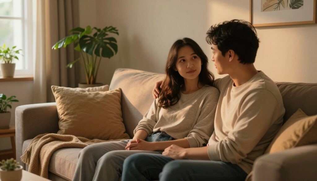 A serene, cozy living room setting that radiates a sense of safety and empathy. In the foreground, a couple sits closely on a comfortable couch, both wearing modest casual clothing, their expressions reflecting warmth and understanding as they share a heartfelt conversation. Their body language shows trust and openness. In the middle ground, soft cushions and a warm blanket invite a sense of intimacy, while a gentle light source from a nearby window casts a golden glow across the scene, enhancing the cozy atmosphere. The background features lush houseplants and calming wall art that evoke a nurturing environment. The overall mood is tranquil and reassuring, emphasizing the importance of emotional connection and empathy in relationships.