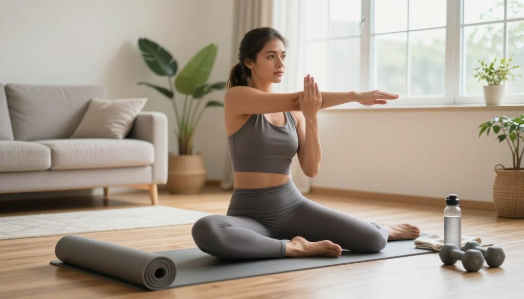 A serene home environment set up for workout preparation. In the foreground, a yoga mat is rolled out on a wooden floor, alongside a water bottle and a towel. A pair of lightweight dumbbells lies nearby. In the middle, a woman in modest athletic clothing, such as a fitted tank top and leggings, is stretching her arms and warming up, radiating focus and determination. She has a confident expression and a healthy posture, symbolizing readiness for the workout. The background features a bright, airy living room with natural light streaming in through large windows, potted plants adding a touch of greenery, and soft, neutral colors creating a calming atmosphere. The overall mood is motivational and peaceful, ideal for a home-based training setup.