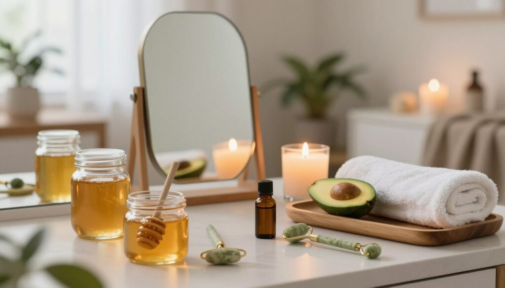 A serene home spa setting featuring various skincare treatments tailored for different skin types. In the foreground, elegantly arranged glass jars filled with natural ingredients like honey, avocado, and essential oils. A wooden tray with a plush white towel and a soothing candle is placed nearby. In the middle, an aesthetically pleasing mirror reflects soft, diffused lighting from a nearby window, creating a calm atmosphere. Pampering tools like face masks and jade rollers are subtly positioned. The background reveals a cozy, minimalist room with plants and soft textiles, enhancing the relaxing vibe. The overall mood is tranquil and inviting, suggesting a perfect evening for skincare rituals and relaxation.