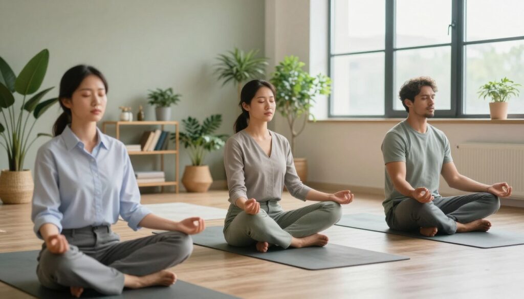 A serene indoor environment showcasing healthy habits for stress management. In the foreground, a diverse group of three people, dressed in professional business attire, practice mindfulness and meditation on yoga mats. Their expressions are calm and focused, conveying a sense of mental resilience. In the middle, a well-organized space with indoor plants, a soft rug, and gentle lighting creates a cozy atmosphere, fostering tranquility. In the background, large windows allow natural light to flood in, illuminating the room and enhancing the warm, inviting mood. The overall color palette is soothing, featuring soft greens and warm neutrals, evoking a sense of peace and well-being. The angle captures the dynamic interaction among the individuals while emphasizing the environment's supportive elements for mental health.