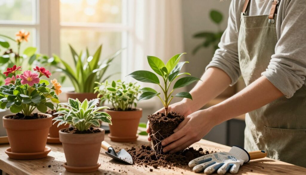 A serene indoor gardening scene featuring a person in modest casual clothing, gently repotting vibrant potted plants. In the foreground, the person holds a healthy plant with its roots carefully exposed, surrounded by soil and gardening tools like a small trowel and gloves. The middle ground showcases an assortment of colorful potted flowers and greenery, each thriving in their containers, giving a sense of varied plant life. In the background, a sunlight-filled window with sheer curtains filters warm light into the room, creating a calming atmosphere. The soft focus on the background adds depth, emphasizing the nurturing aspect of plant care. The overall mood is peaceful and inviting, highlighting the importance of repotting and fertilizing for healthy plant growth.