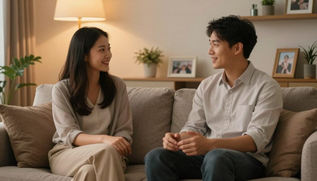 A serene indoor setting, depicting a couple seated comfortably on a cozy sofa, exuding warmth and acceptance. The foreground features the couple, both dressed in professional casual attire, sharing a genuine, relaxed conversation with friendly, open body language. In the background, warm, soft lighting enhances the atmosphere, with gentle hues reflecting a sense of peace and intimacy. A few personal items, like framed photos and plants, adorn the shelves, symbolizing connection and shared memories. The overall mood is one of comfort and mutual understanding, capturing the essence of acceptance in a relationship, highlighting the importance of appreciating each other without pressure for change. Angled softly to bring focus on the couple, creating an inviting and relatable scene.