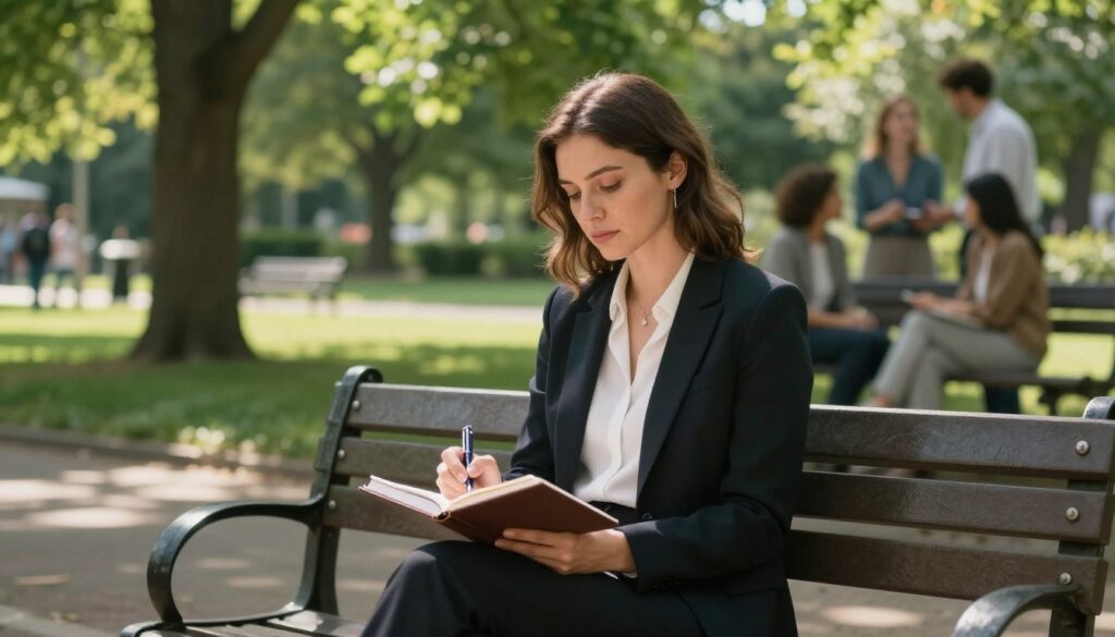 A serene, introspective scene depicting a woman sitting on a park bench, dressed in professional business attire, reflecting on her self-worth. In the foreground, she holds a journal with a pen, symbolizing self-discovery. The middle ground features lush greenery and trees, providing a calming backdrop. Soft sunlight filters through the leaves, creating dappled patterns on the ground. In the background, a blurred backdrop of people engaging in healthy, supportive interactions suggests positive relationships. The overall mood is peaceful and empowering, with a focus on personal growth and healing. The angle is slightly elevated, capturing the essence of self-reflection and tranquility.