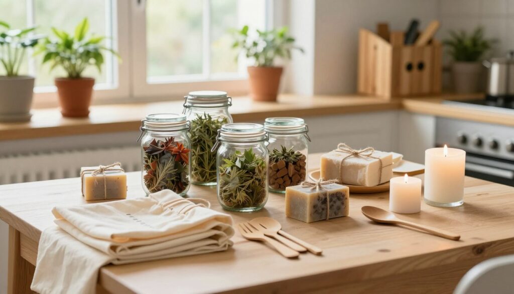 A serene kitchen scene focused on zero waste living, featuring a beautifully arranged table in the foreground with eco-friendly gifts such as reusable produce bags, bamboo utensils, and hand-poured candles. The middle of the image showcases glass jars filled with vibrant dried herbs and spices, alongside handcrafted soap bars wrapped in natural twine. In the background, a sunny window illuminates potted plants and a compost bin made of wood, reinforcing the sustainable lifestyle theme. Soft, natural lighting bathes the scene, creating a warm and inviting atmosphere. The angle is slightly elevated, capturing the depth of the table and the organized chaos of a sustainable kitchen, encouraging a sense of eco-consciousness and mindfulness.