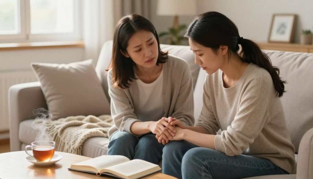 A serene living room scene capturing a moment of emotional support between two partners. In the foreground, a woman in modest casual clothing is gently holding the hand of her partner, who appears distressed but comforted. Their expressions reflect understanding and compassion. The middle ground features a cozy sofa with soft cushions and a warm blanket, while a small coffee table holds a steaming cup of tea and an open book. The background shows a window with soft sunlight filtering in, casting a warm glow and creating a peaceful atmosphere. The overall mood is supportive and nurturing, conveying the importance of emotional connection in difficult times. The image is well-lit to enhance the sense of warmth and intimacy.