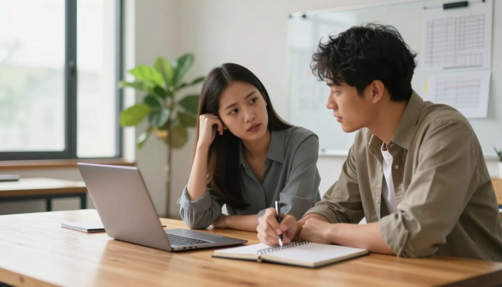 A serene office environment where two diverse professionals, a woman and a man, are engaged in a constructive discussion at a stylish wooden table. The foreground features a notepad and a laptop, emphasizing collaboration. In the middle ground, the two individuals are leaning forward, showing empathy and focus, dressed in business casual attire. The background includes large windows with soft natural light streaming in, highlighting a green indoor plant and a whiteboard with strategic plans visible. The overall mood is one of harmony and teamwork, conveying positivity and resolution as they work together to overcome differences. Use warm lighting to create an inviting atmosphere, capturing the essence of resolving conflicts towards shared goals.