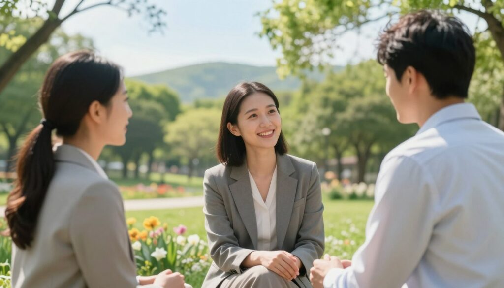A serene outdoor scene depicting the concept of external support in relationships. In the foreground, a diverse group of three individuals—two women and one man—engage in a heartfelt conversation, their body language conveying empathy and understanding. They are dressed in professional business attire: the women in tailored blazers and the man in a crisp shirt. In the middle ground, a lush green park with blooming flowers and soft sunlight filters through the trees, creating a warm and inviting atmosphere. In the background, gentle hills roll off into the distance, under a clear blue sky, adding depth and peace to the scene. The overall mood is uplifting and supportive, symbolizing hope and the importance of community in personal growth. Soft, natural lighting enhances the sense of tranquility and connection among the individuals.