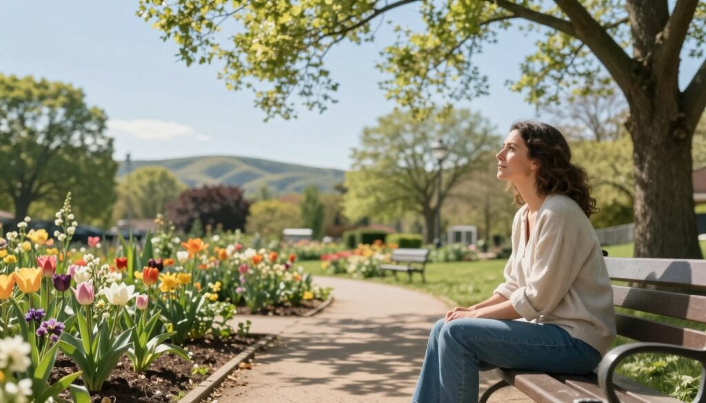 A serene, rejuvenating scene illustrating the concept of rebuilding life after leaving a toxic relationship. In the foreground, a woman in casual, comfortable clothing sits on a park bench, gazing thoughtfully at a blooming flower garden, symbolizing personal growth and new beginnings. Her expression conveys a sense of peace and hope. In the middle ground, light filters through the branches of trees, casting dappled sunlight on the path leading through the garden, inviting a sense of exploration. In the background, soft hills rise gently, under a bright, clear blue sky. The atmosphere is uplifting and positive, reflecting a journey of self-care and reflection. Use soft, warm lighting to enhance the feeling of tranquility, capturing the essence of healing and empowerment.