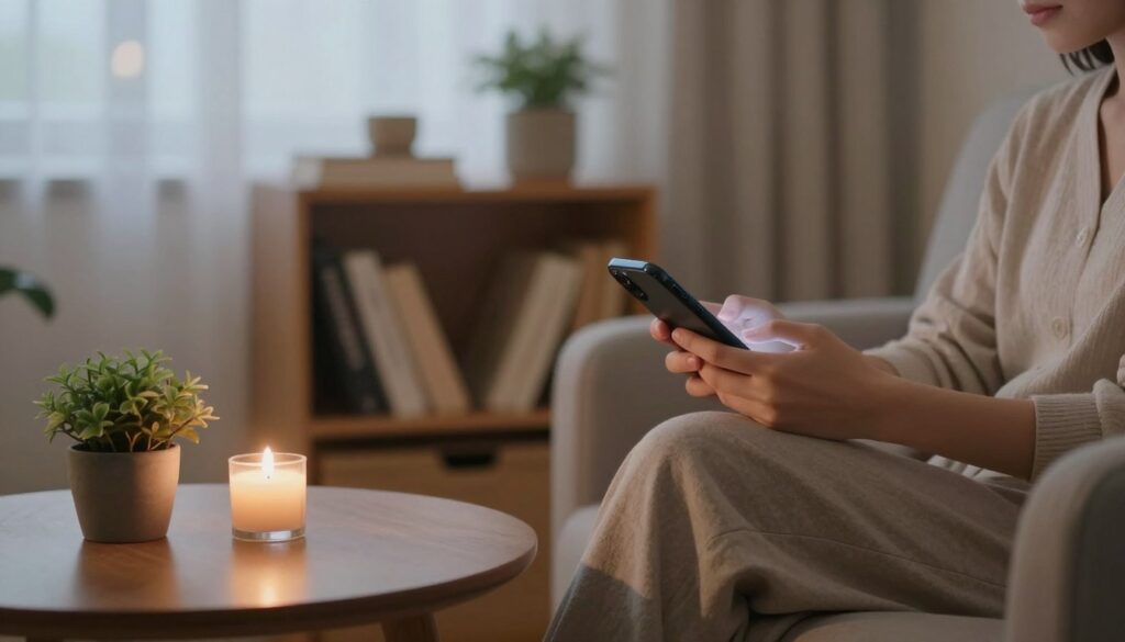 A serene room in soft evening light, filled with cozy furniture and calming decor. In the foreground, a person in modest casual clothing sits on a comfortable armchair, gently placing their smartphone on a nearby table, symbolizing a conscious decision to disconnect. Spare organic elements, like a small potted plant and a candle, add a touch of nature. In the middle, a warm bookshelf filled with books suggests a shift towards reading and relaxation as alternatives to screen time. The background shows a window with soft, diffused twilight filtering through sheer curtains, enhancing the tranquil atmosphere. The scene conveys an inviting and peaceful mood, promoting simple habits for reducing smartphone usage at night. Use a soft-focus lens effect to create a cozy, soothing aesthetic.