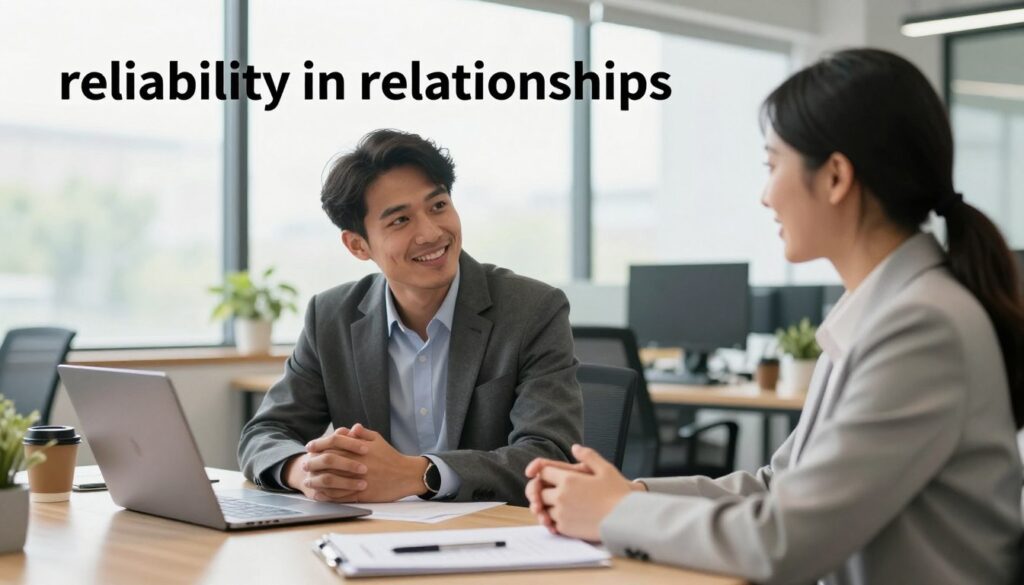 A serene scene depicting the concept of "reliability in relationships" in a modern office setting. In the foreground, a diverse pair of colleagues, one male and one female, are engaged in a constructive discussion, showcasing active listening and mutual respect. They wear professional business attire, with warm smiles that convey trust. In the middle ground, a well-organized desk with documents, a laptop, and a coffee cup signifies their commitment to consistency and clarity in their interactions. The background features a softly lit office environment with large windows revealing a bright, sunny day, symbolizing openness and transparency. The overall mood is harmonious and collaborative, emphasizing the importance of reliability and coherence in daily interactions.