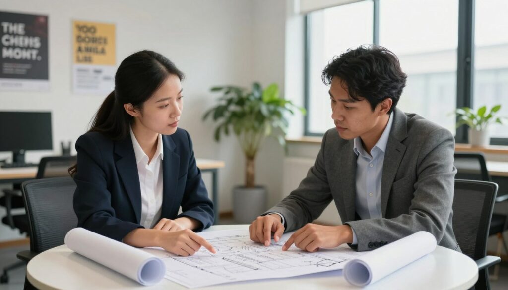 A serene setting depicting two diverse partners sitting at a round table with blueprints and planning materials spread out before them. In the foreground, focus on their engaged expressions, initiating a constructive dialogue while analyzing the documents. The partners, wearing professional business attire, exude a mood of collaboration and understanding. In the middle ground, soft lighting highlights the details of the planning materials, symbolizing shared goals and expectations. The background features a modern office environment, with motivational posters on the walls, plants, and a large window letting in natural light, reflecting a harmonious atmosphere of teamwork and respect. The angle is slightly elevated, capturing both the partners' interaction and the workspace ambiance, encouraging a sense of unity and purpose.