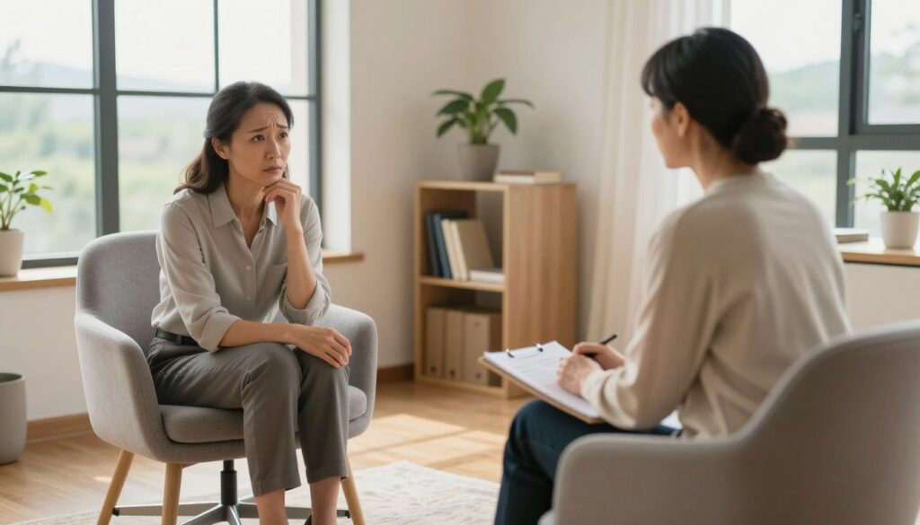 A serene therapist's office, warmly lit with soft, natural light streaming through a large window. In the foreground, a professional therapist in modest, smart-casual clothing, sitting in a comfortable chair, is listening attentively to a client, a middle-aged person dressed in casual but neat attire, expressing emotions with a thoughtful expression. The middle area features a well-organized shelf with books on psychology, a potted plant adding a touch of life, and a comforting rug on the wooden floor. The background shows a calming landscape visible through the window, suggesting tranquility. The atmosphere is inviting and supportive, highlighting the importance of seeking professional help in overcoming emotional distance in relationships.