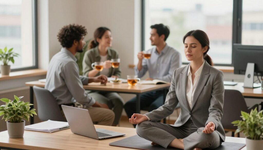 A serene workspace scene depicting a diverse group of professionals practicing stress management techniques in their daily lives. In the foreground, a woman in professional business attire is meditating at her desk, surrounded by calming elements like plants and soft lighting. In the middle ground, two colleagues are engaging in a friendly discussion while sipping herbal tea, emphasizing collaboration and support. The background features a window with natural light streaming in, showcasing a peaceful cityscape outside. The atmosphere is tranquil and uplifting, with a warm color palette to evoke feelings of calmness and focus. The overall composition should convey a sense of balance and productivity without any people appearing distracted or overwhelmed.