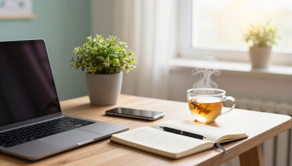 A serene workspace scene showcasing strategies for reducing screen time. In the foreground, a wooden desk with a closed laptop, a notebook filled with handwritten notes, and a steaming cup of herbal tea. The middle ground features a potted plant and a smartphone placed face down, symbolizing digital detoxing. In the background, a soft, softly lit window allows natural sunlight to stream in, illuminating the space with a warm glow. The room is decorated with calming colors, promoting relaxation and focus. The atmosphere is tranquil and introspective, evoking a sense of mindfulness and connection to the physical world rather than the digital one. The image should convey a feeling of balance and intentional living amidst a modern, tech-heavy life.