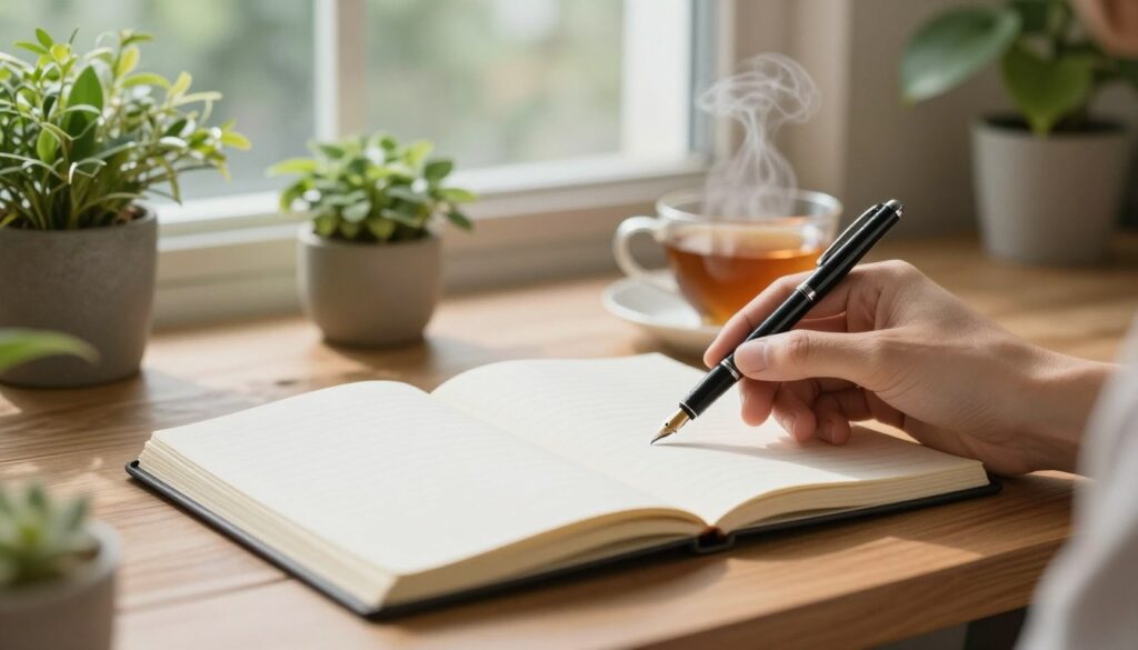 A serene writing space that conveys a sense of inspiration and creativity. In the foreground, a wooden desk holds a journal opened to a blank page, a fountain pen poised above it. A gentle hand is seen reaching for the pen, symbolizing the act of overcoming writer's block. The middle ground features lush house plants and a steaming cup of tea, suggesting comfort and tranquility. The background displays a window with soft natural light filtering through, illuminating the scene with a warm glow. The ambiance is peaceful yet motivating, reflecting a safe space for introspection and expression. The overall mood is inviting and uplifting, perfect for overcoming creative barriers.