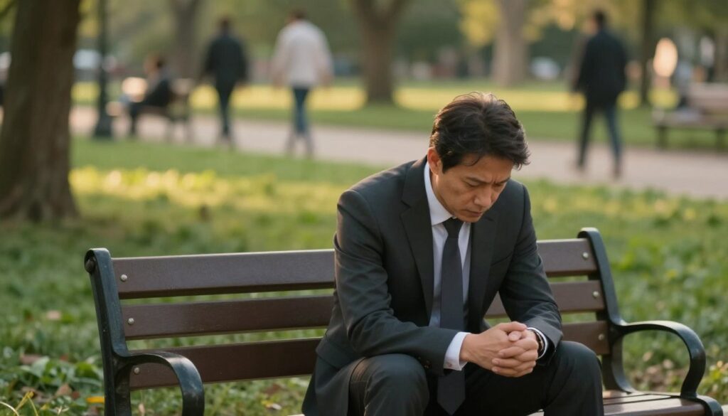 A serene yet contemplative scene depicting a person sitting on a park bench, deep in thought. The foreground shows a middle-aged individual in professional business attire, their expression reflecting the weight of overthinking. In the middle ground, a quiet park with soft, lush greenery surrounds the bench, symbolizing tranquility amidst mental chaos. The background features gentle, blurred outlines of people walking, illustrating life going on despite inner turmoil. The lighting is soft and warm, reminiscent of golden hour, casting a peaceful glow on the scene, while the atmosphere is a mix of serenity and introspection. The composition is shot from a slight angle to emphasize the subject's internal struggle, evoking a sense of vulnerability and the need for support.