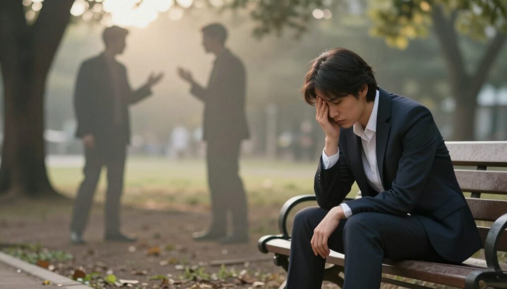 A somber and introspective scene depicting the impact of a toxic relationship on mental health. In the foreground, a figure in professional business attire, sitting on a park bench, gazes thoughtfully at the ground, embodying feelings of sadness and isolation. The middle ground features a desaturated color palette, with faded images of two shadowy figures arguing in the background, symbolizing conflict and negativity. Soft, diffused sunlight breaks through the trees, creating a warm yet melancholic atmosphere that represents hope amidst despair. The composition should have a slightly blurred background to emphasize the figure's emotional state. Use a medium focus lens to convey depth and evoke a sense of introspection, allowing viewers to connect emotionally with the subject.