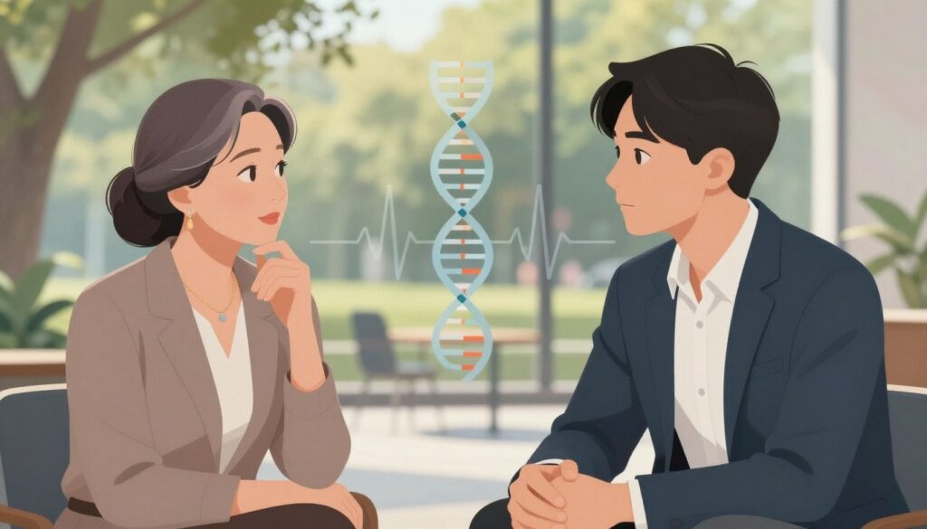 A sophisticated illustration depicting the biological and psychological aspects of age difference in relationships. In the foreground, feature two individuals: a middle-aged woman and a younger man, both dressed in professional attire, engaged in a thoughtful conversation. The woman should exude confidence and wisdom, while the man reflects curiosity and openness. In the middle ground, include visual representations of elements symbolizing biological aspects, such as DNA strands or a heartbeat graph subtly integrated into the background. The background can feature a serene park or a modern office space, with soft, diffused natural light filtering through, creating a warm and inviting atmosphere. The overall mood should evoke a sense of connection, understanding, and knowledge sharing, highlighting the dynamics of their relationship.