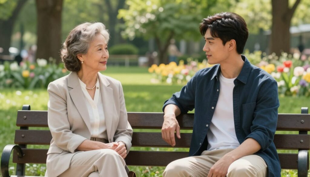 A sophisticated scene showcasing an older woman and a younger man sharing a moment of connection in a serene park. In the foreground, the older woman is dressed in elegant business attire, exuding confidence and warmth, while the younger man wears smart casual clothing, presenting a relaxed demeanor. They are seated on a bench, engaged in a meaningful conversation, with their body language showing mutual respect and interest. The middle ground features lush greenery and blooming flowers, creating an inviting atmosphere. In the background, soft sunlight filters through the trees, casting gentle shadows, evoking a sense of tranquility and harmony. The overall mood is uplifting, portraying a varied and profound relationship that celebrates the beauty of connection across ages.