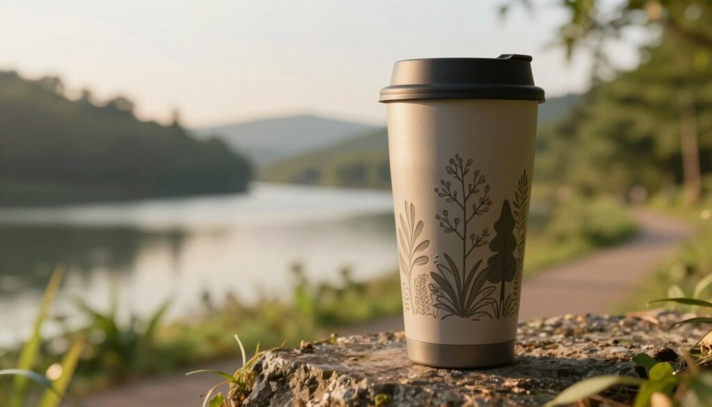 A stylish, eco-friendly travel mug sits prominently in the foreground, showcasing its sleek design made from sustainable materials. The mug has a matte finish with earthy tones and an intricate nature-inspired pattern engraved on its surface. In the middle ground, a scenic backdrop features a beautiful outdoor setting, such as a lush forest or serene lakeside, bathed in warm, golden sunlight suggesting early morning or late afternoon. Gentle hills or a pathway can be seen leading into the distance, inviting adventure. Soft, diffused lighting highlights the texture of the mug and the vibrancy of the scenery, creating a harmonious atmosphere of exploration and sustainability. The overall mood is warm and inviting, perfect for active, conscious consumers who cherish their environment.