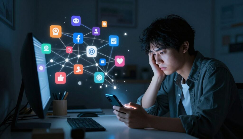 A surreal and thought-provoking image representing the impact of social media on mental health. In the foreground, a person in casual attire sits at a cluttered desk, their face illuminated by the glow of a smartphone screen reflecting various social media icons. In the middle ground, a chaotic web of digital connections and notifications flows around them, symbolizing addiction and constant distraction. The background features a dark room filled with shadows, suggesting isolation and introspection. Soft, moody lighting enhances the atmosphere, casting a blue hue to evoke a sense of anxiety. The angle is slightly tilted, creating a feeling of instability, while the overall composition emphasizes the tension between digital engagement and personal well-being.