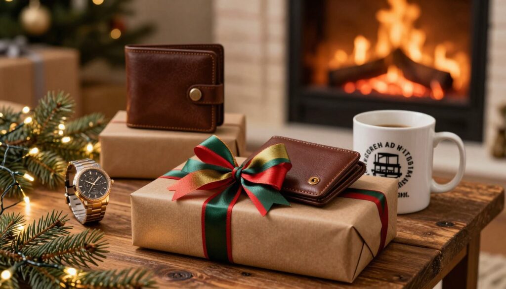A thoughtfully arranged scene showcasing a variety of unique Christmas gifts for fathers, radiating warmth and charm. In the foreground, a beautifully wrapped gift box with a large, colorful bow, containing a classy leather wallet and a personalized mug. To the left, a stylish watch with intricate details reflects soft ambient lighting, hinting at luxury. In the middle ground, a rustic wooden table adorned with twinkling fairy lights and evergreen branches adds a festive touch. In the background, a softly glowing fireplace casts flickering shadows, evoking a cozy atmosphere. The overall mood is heartwarming and inviting, perfect for the holiday season, captured with a warm color palette and a slightly blurred depth of field to focus on the gifts.