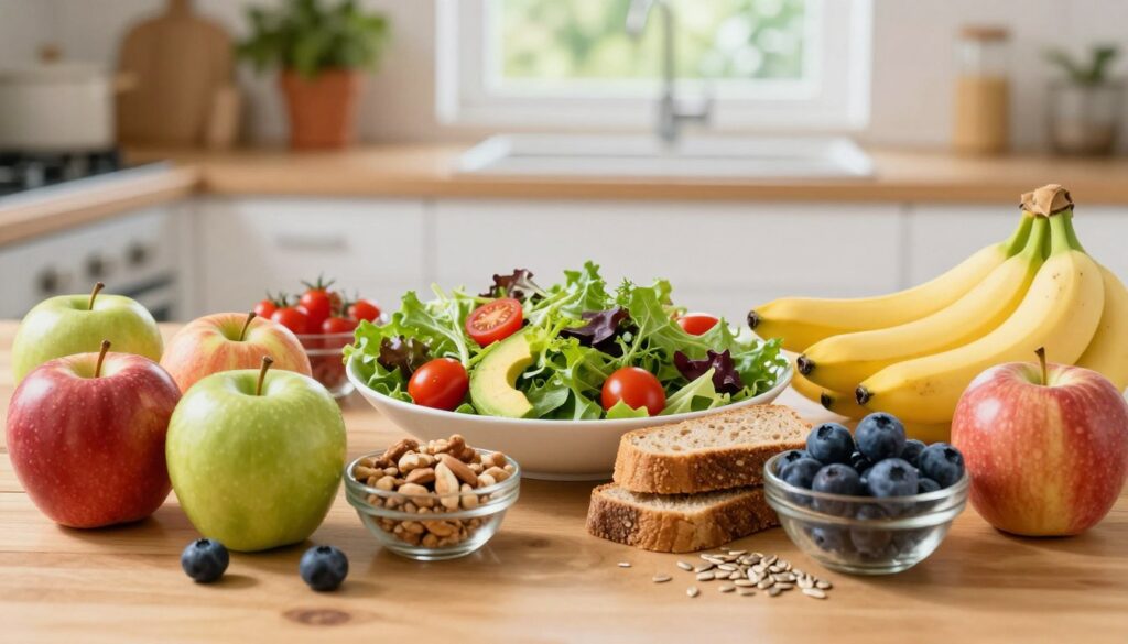 A vibrant and balanced diet layout, featuring a variety of colorful foods that symbolize energy and vitality. In the foreground, a wooden table displays an array of fresh fruits like apples, bananas, and berries, alongside bowls of nuts and seeds. In the middle, a large green salad with mixed greens, cherry tomatoes, and avocado is central, with whole-grain bread slices artistically placed nearby. The background subtly features a sunlit kitchen, with greenery visible through a window, suggesting freshness and health. Soft, natural lighting highlights the textures of the food, creating an inviting atmosphere. The overall mood is uplifting and motivational, emphasizing the importance of a balanced diet for vitality.