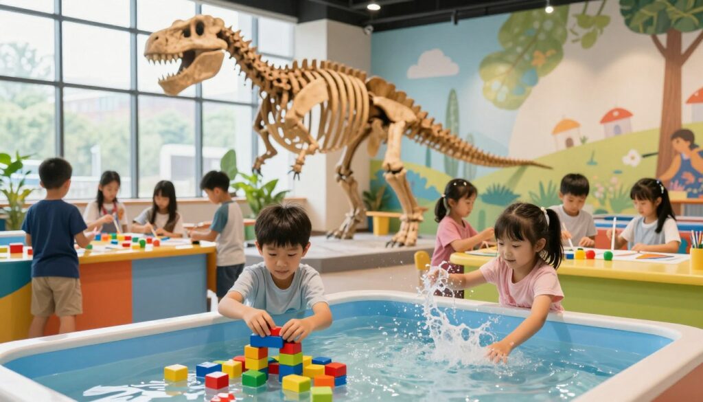 A vibrant and joyful scene inside a modern children's museum, featuring a diverse group of children, aged 5 to 10, engaging with interactive exhibits. In the foreground, a boy is playfully building with colorful blocks, while a girl nearby explores a water table, splashing playfully. In the middle ground, a large, eye-catching dinosaur skeleton and a colorful art station draw the attention of other kids, with one girl painting enthusiastically. The background includes bright and whimsical murals that spark imagination. Soft, natural light filters through large windows, creating a cheerful and inviting atmosphere. The angle is slightly elevated, capturing the excitement and creativity of the scene, emphasizing the joy of discovery and learning without any distractions.