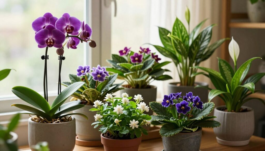 A vibrant indoor garden showcasing a variety of blooming houseplants, emphasizing their specific care requirements. In the foreground, a large, colorful orchid with deep purple petals and lush green leaves is displayed in a stylish ceramic pot. Beside it, a fragrant jasmine plant in a smaller pot, laden with delicate white flowers. The middle ground features a variety of flowering plants like African violets and peace lilies, each in different pots, demonstrating a variety of textures and colors. The background consists of a softly lit window with sheer curtains, allowing warm natural light to filter through, creating a calm and inviting atmosphere. The image captures a serene, nurturing vibe, emphasizing the beauty and care of houseplants in a modern living space.