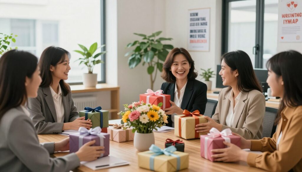 A warm and inviting office environment featuring a group of professional women in modest business attire, gathered around a table filled with thoughtful gifts for International Women's Day. The foreground showcases beautifully wrapped small gifts, such as colorful boxes and flower arrangements. In the middle, the women are laughing and exchanging the gifts, their expressions conveying appreciation and camaraderie. The background reveals a well-decorated office space with plants and motivational posters, adding to the positive atmosphere. Soft, natural lighting filters through large windows, creating a cheerful ambiance. The camera angle is slightly elevated, capturing both the joyful interactions and the warmth of the space, evoking a sense of friendship and support among colleagues.