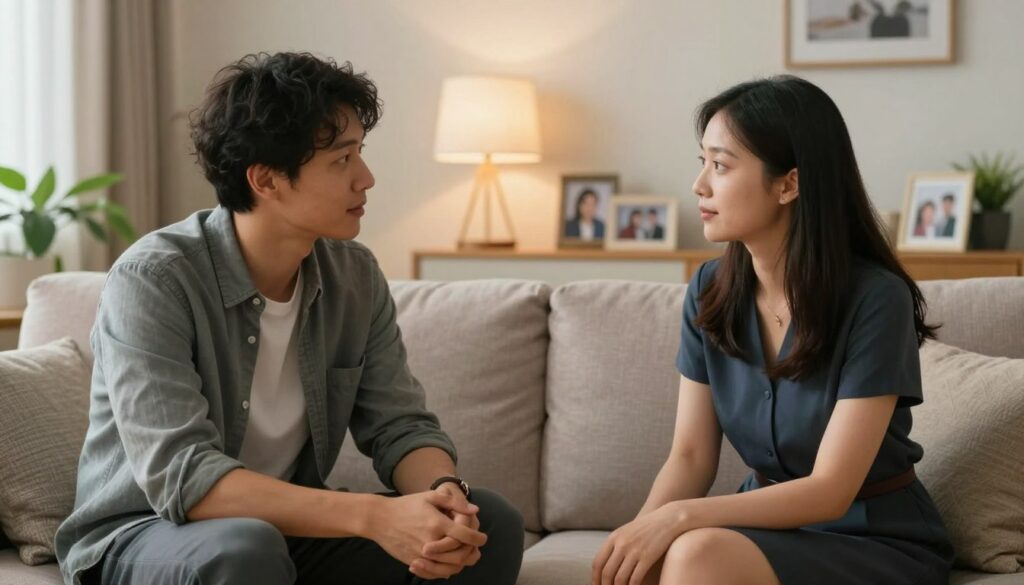 A warm and inviting scene depicting a couple engaged in active listening during a meaningful conversation. In the foreground, they sit closely on a comfortable sofa, facing each other with attentive expressions. The man is wearing a smart casual outfit, while the woman is in a professional yet approachable dress. Their body language shows openness and engagement—leaning slightly forward, maintaining eye contact. In the middle ground, a cozy living room filled with soft lighting from a nearby lamp, plants in the background, and personal touches like family photos. The atmosphere is calm and supportive, evoking a sense of intimacy and trust, with a soft focus on the couple to highlight their connection. The lens captures the scene with a gentle bokeh effect, enhancing the emotional depth of the moment.