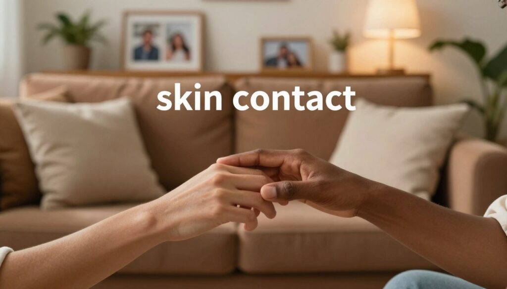 A warm and inviting scene illustrating the concept of "skin contact" in a relationship. In the foreground, two hands of diverse individuals gently touching, emphasizing connection and intimacy, with soft lighting highlighting their skin tones. The middle layer features a cozy setting with a living room backdrop, adorned with warm earth tones and comfortable textures, like a plush sofa and soft cushions. In the background, blurred softly to create depth, there are elements like framed photographs of happy moments, plants, and a gentle glow from a nearby lamp, instilling a sense of warmth and closeness. The atmosphere should evoke feelings of comfort, tenderness, and emotional connection. Shot with a soft focus lens to enhance the intimate mood and the importance of touch in relationships.