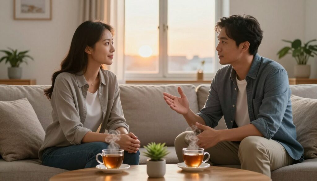 A warm and inviting scene portraying a couple sitting together in a cozy, well-lit living room, symbolizing the challenges and opportunities in a relationship with a recovering alcoholic. The foreground features the couple engaged in a heartfelt conversation, dressed in casual yet professional attire, their expressions reflecting openness and understanding. In the middle ground, a coffee table with two steaming cups of tea and a small plant underscores the theme of nurturing connections. In the background, soft lighting emanates from a window, suggesting a sunset which casts a warm glow, enhancing the atmosphere of intimacy and safety. The overall mood is hopeful and supportive, encapsulating the essence of building a strong, sober relationship.